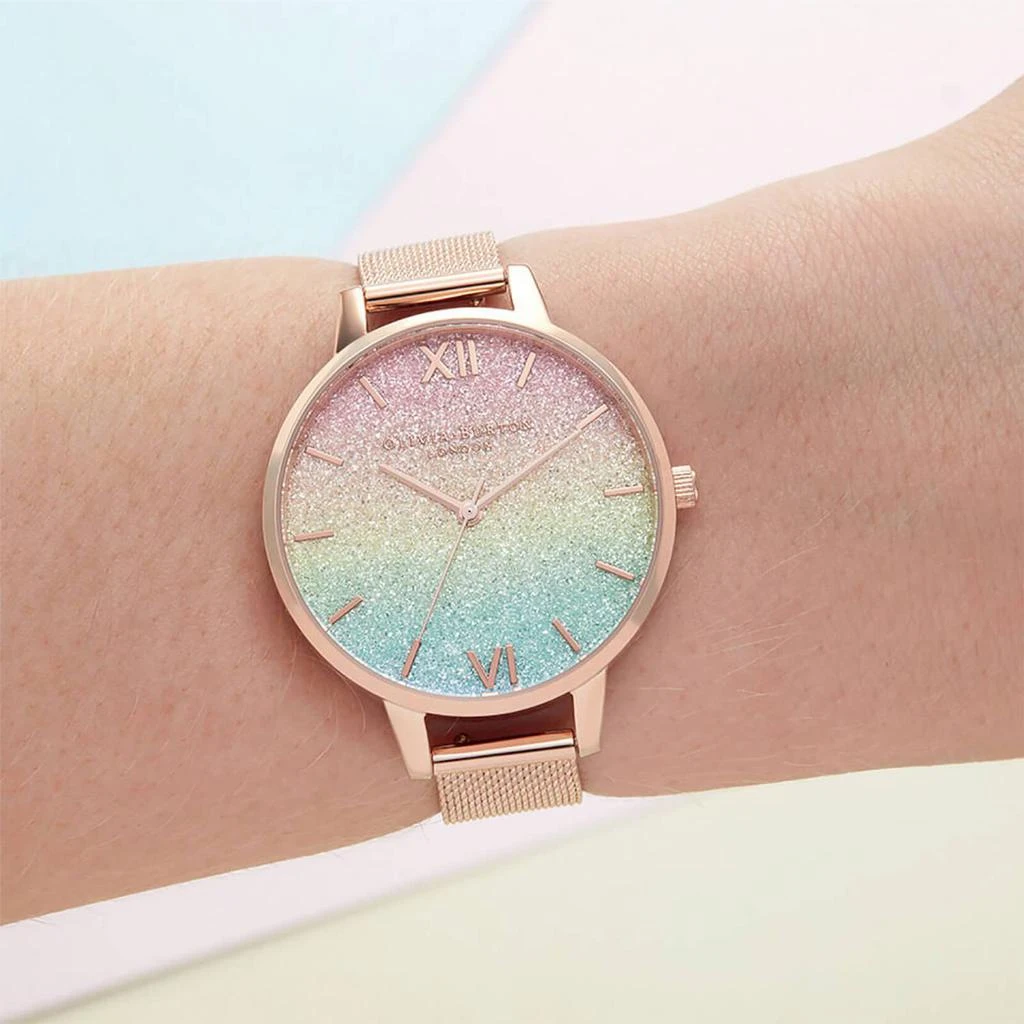 商品Olivia Burton|Olivia Burton Women's Rainbow Glitter Dial Watch - Rose Gold Mesh,价格¥788,第2张图片详细描述