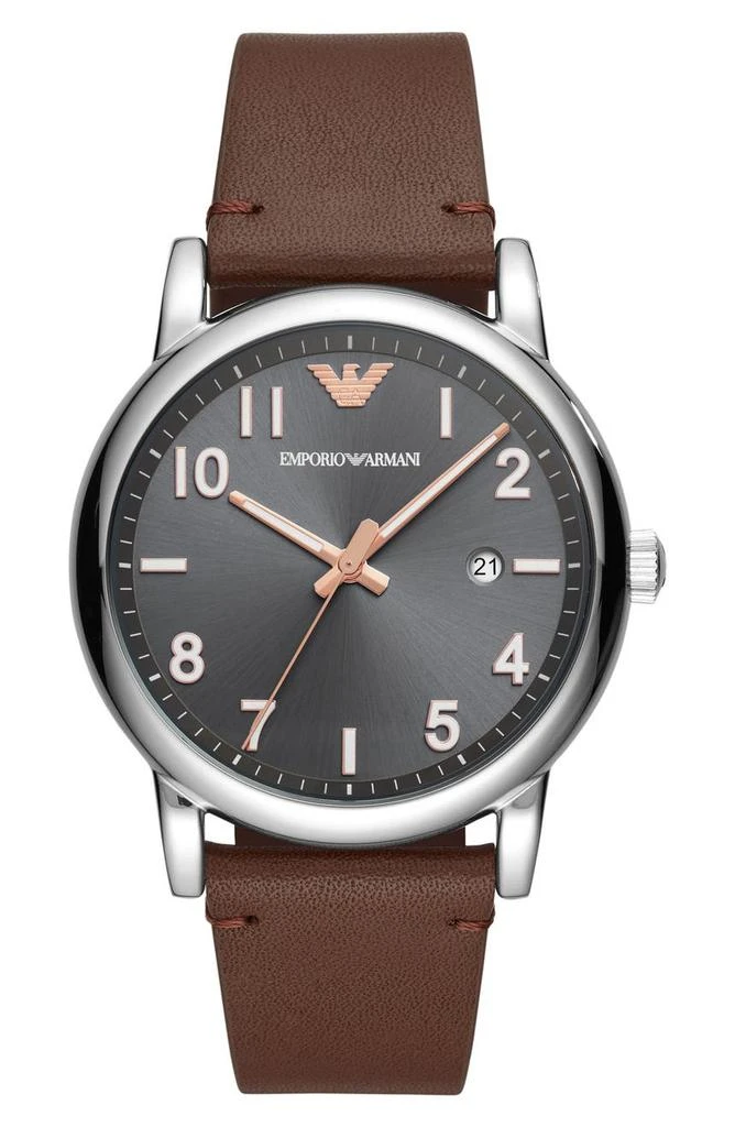 商品Emporio Armani|Men's Three-Hand Date Brown Leather Strap Watch, 43mm,价格¥654,第1张图片