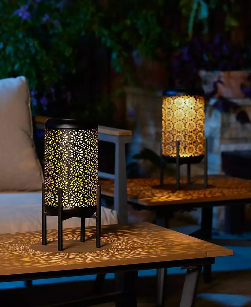 14.25" H Set of 2 Black and Gold-Tone Metal Cutout Flower Pattern Solar Powered LED Outdoor Lantern with Stand 商品