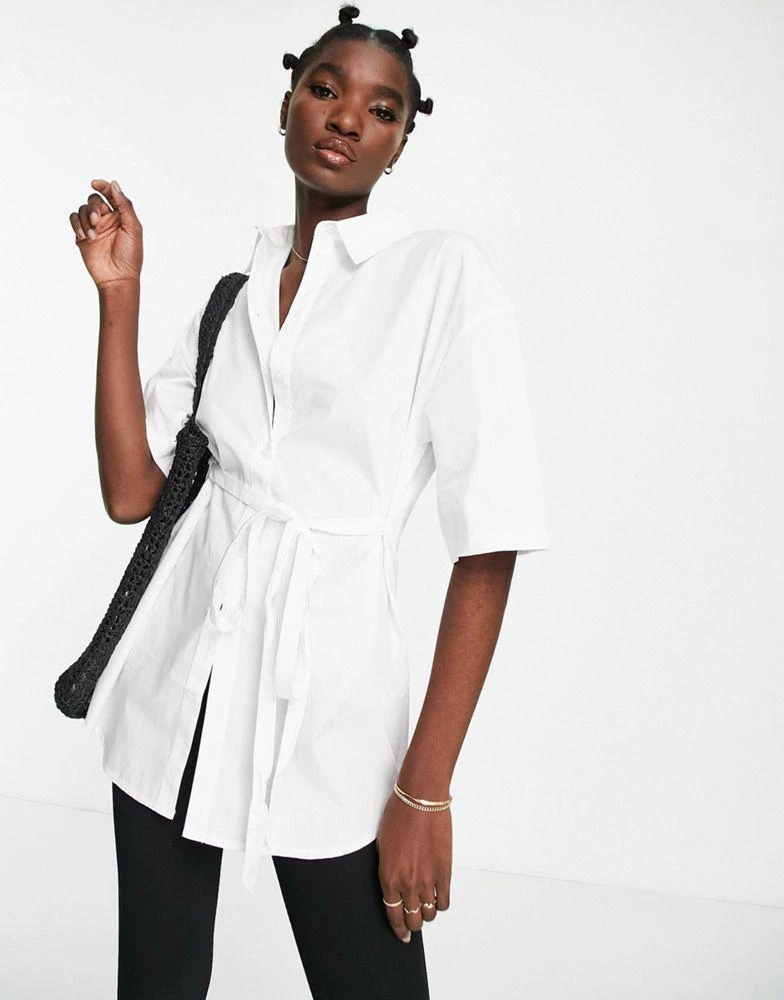 商品Topshop|Topshop tie waist short sleeve poplin shirt in white,价格¥236,第1张图片