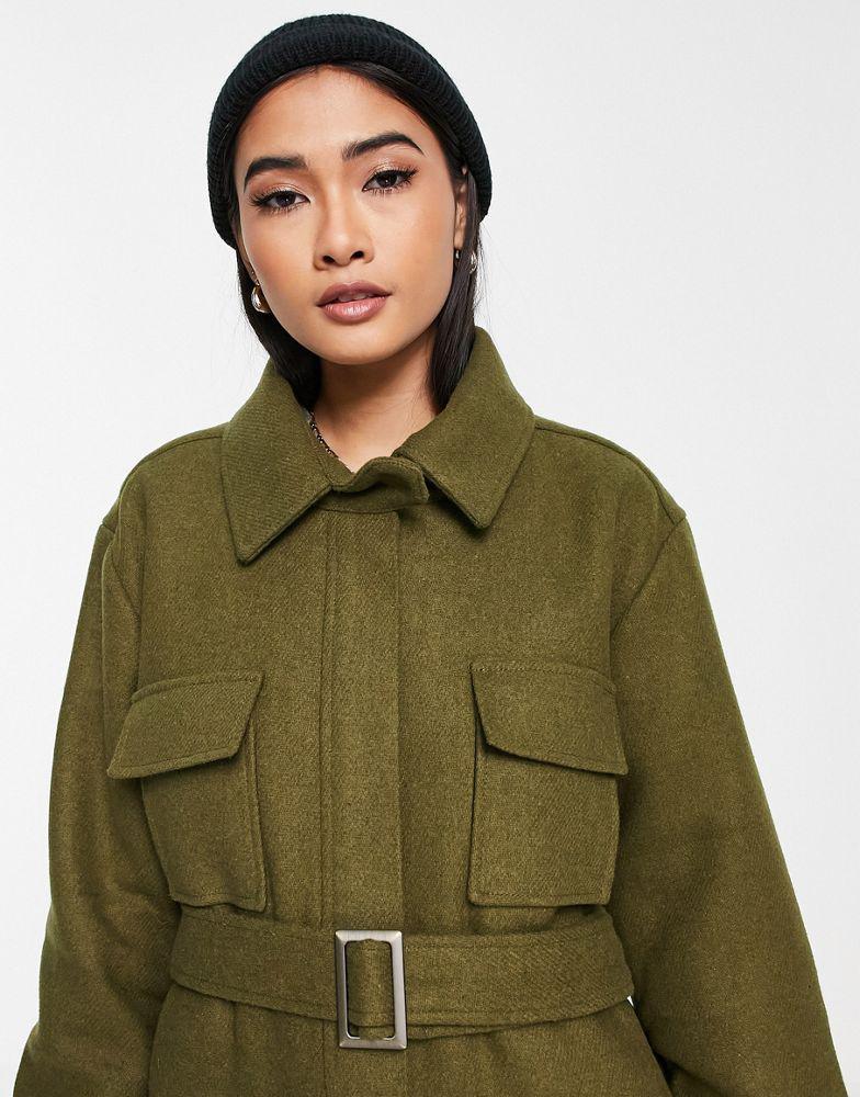 商品Topshop|Topshop longline belted utility coat in khaki,价格¥408,第5张图片详细描述