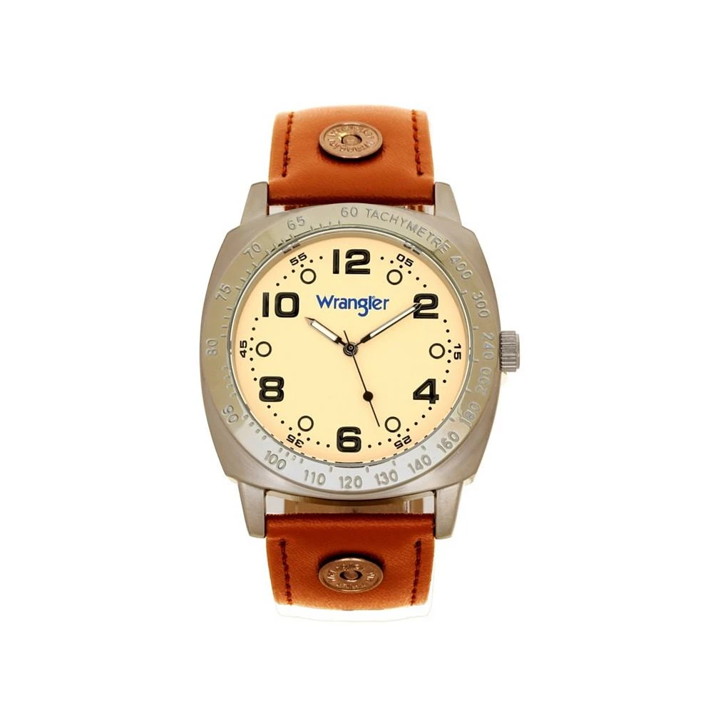 商品Wrangler|Men's Watch, 44MM IP Grey Cushion Shaped Case, Beige Dial with Black Arabic Numerals, Brown Strap Rivets, Second Hand,价格¥264,第1张图片