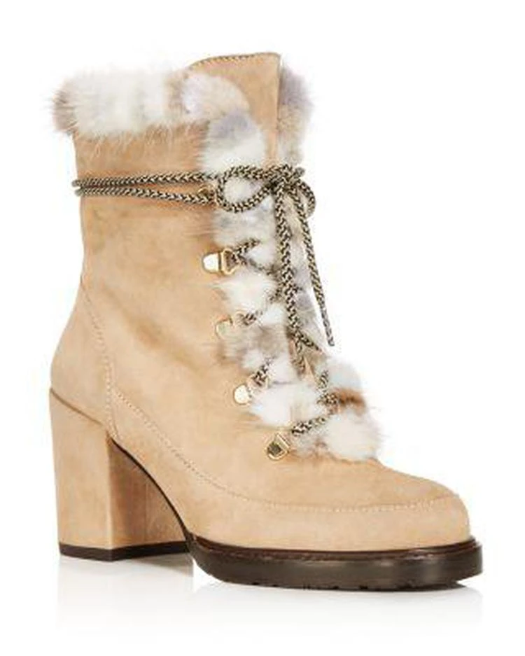 商品Stuart Weitzman|Women's Yukon Suede & Mink Fur Lace Up Block Heel Booties ,价格¥2983,第1张图片