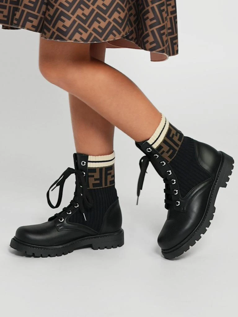 商品Fendi|Fendi Kids Leather FF Logo Biker Boots in Black,价格¥5142,第1张图片