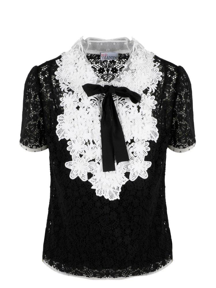 REDValentino Short-Sleeved Bow Embellished Lace Top商品第1张图片规格展示