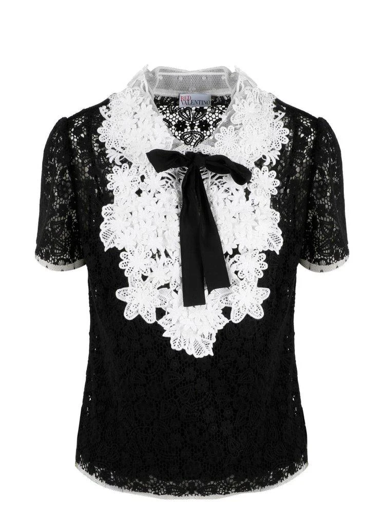 商品RED Valentino|REDValentino Bow Embellished Short-Sleeved Lace Top,价格¥3159,第1张图片