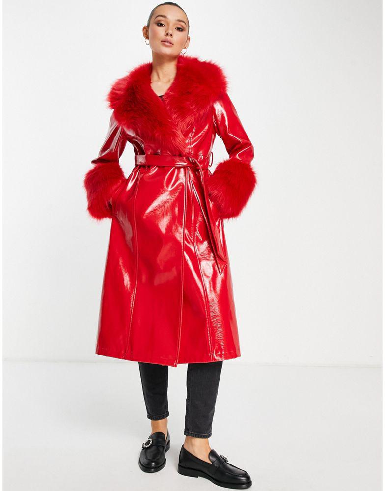 Topshop long PU coat with faux fur trim in red商品第1张图片规格展示