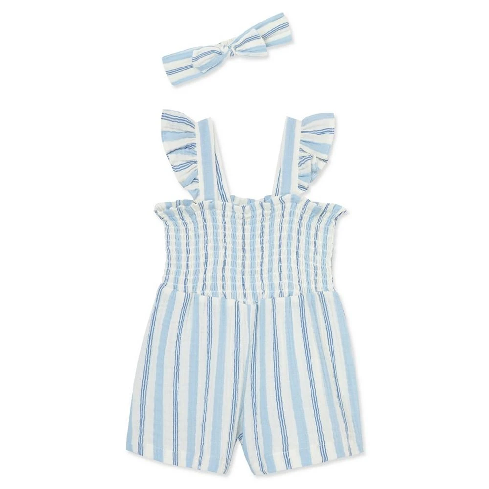 商品Little Me|Baby Girls Blue Stripe Romper with Headband,价格¥68,第1张图片