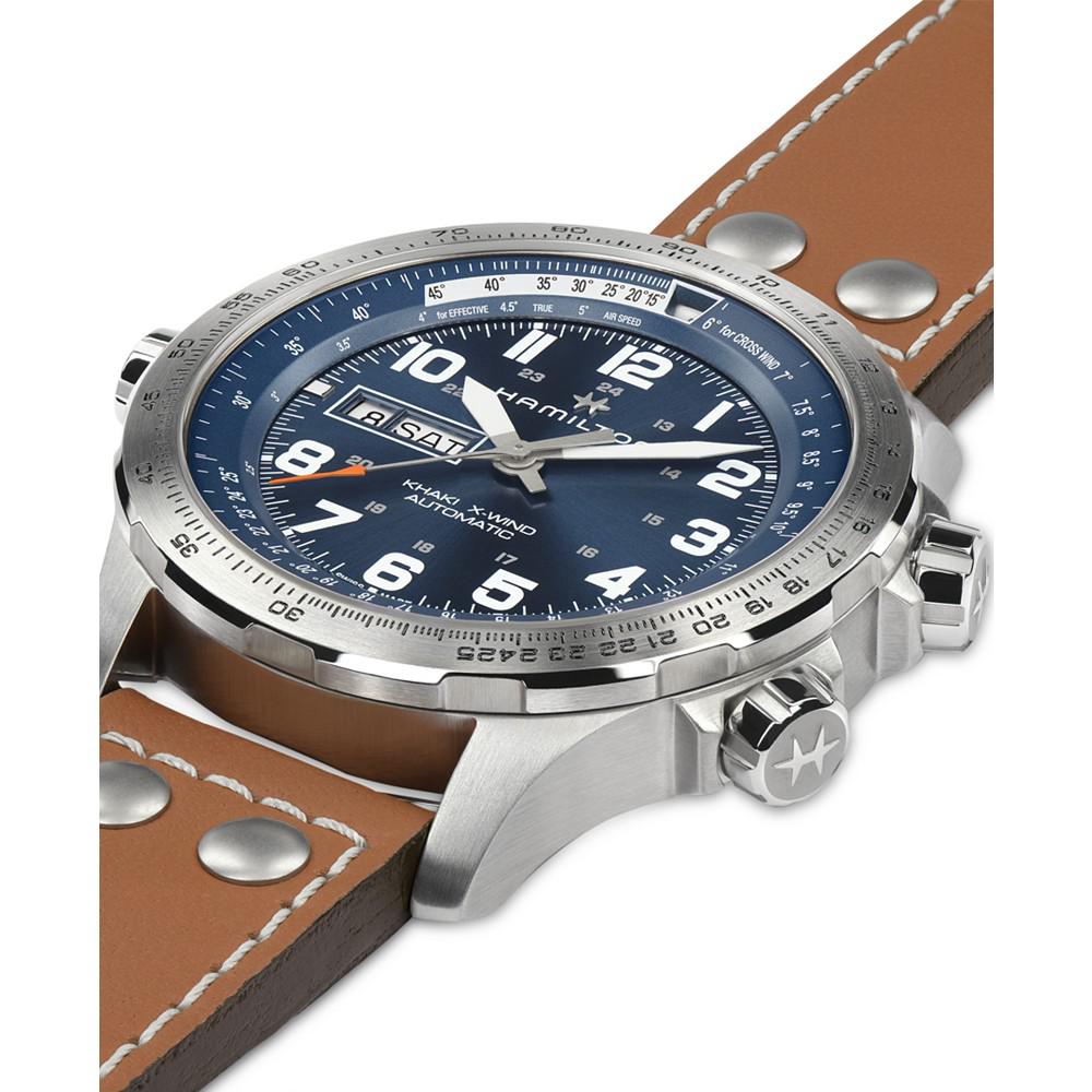 Men's Swiss Khaki X-Wind Brown Leather Strap Watch 45mm商品第2张图片规格展示