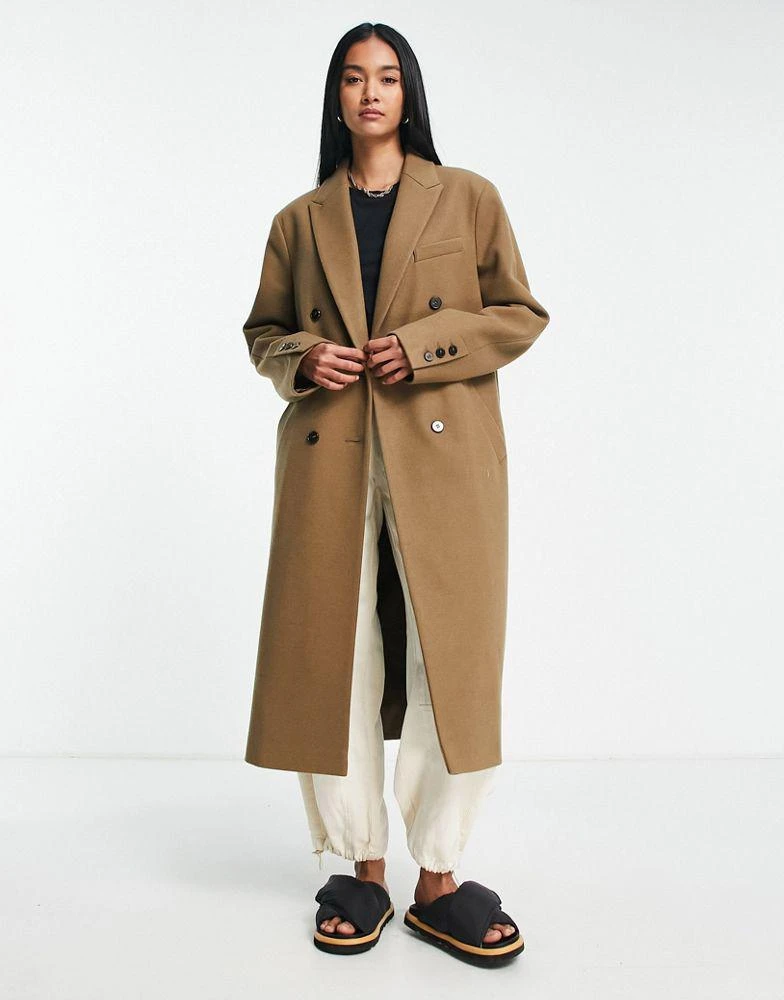 商品Topshop|Topshop double breasted long coat in dark camel,价格¥410,第1张图片