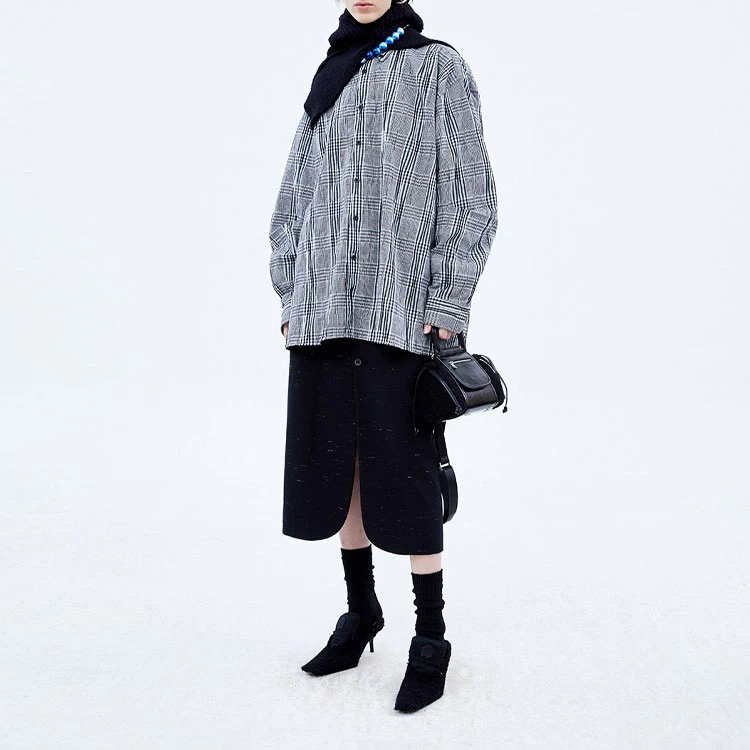 商品[国内直发] ADER error|FW21 格纹褶皱宽松长袖衬衫 男款 黑色,价格¥1208,第6张图片详细描述