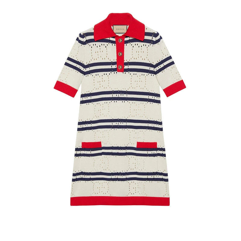 商品Gucci|【预售3-7天】GUCCI/古驰 22年春夏新款 女士红色/海军蓝色纯棉条纹老花镂空设计短袖Polo连衣裙693051XKCAG9189,价格¥12556,第1张图片