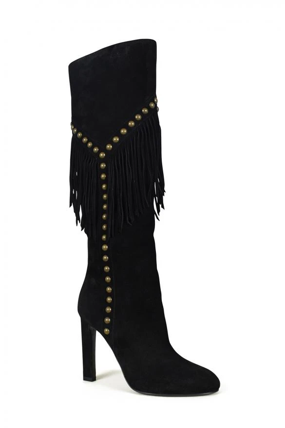 商品Yves Saint Laurent|Luxury shoes for women saint laurent grace black suede boots with fringe and studs,价格¥7109,第3张图片详细描述