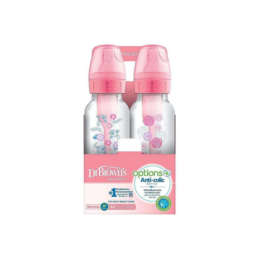 商品Dr. Browns|Anti-Colic Options+ Narrow Baby Bottles 8oz, 4 Pack, Pink Flowers,价格¥280,第2张图片详细描述