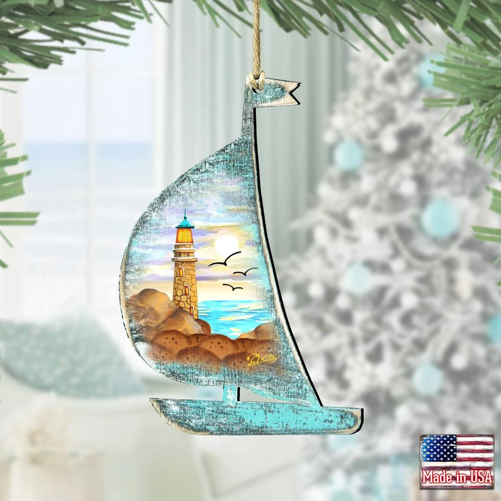商品Designocracy|Designocracy Light House Boat Scenic Wood Ornaments Set of 2 G.DeBrekht Coastal,价格¥206,第2张图片详细描述