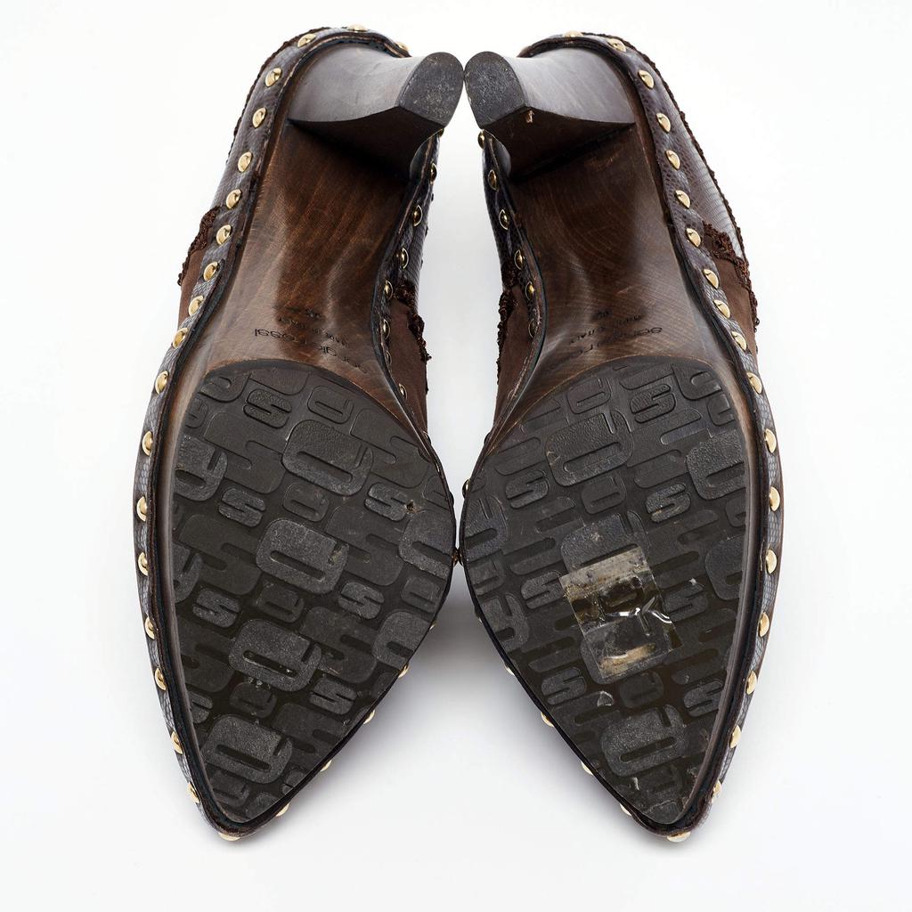 Sergio Rossi Brown Lizard Embossed Leather and Suede Studded Platform Mules Size 38商品第6张图片规格展示