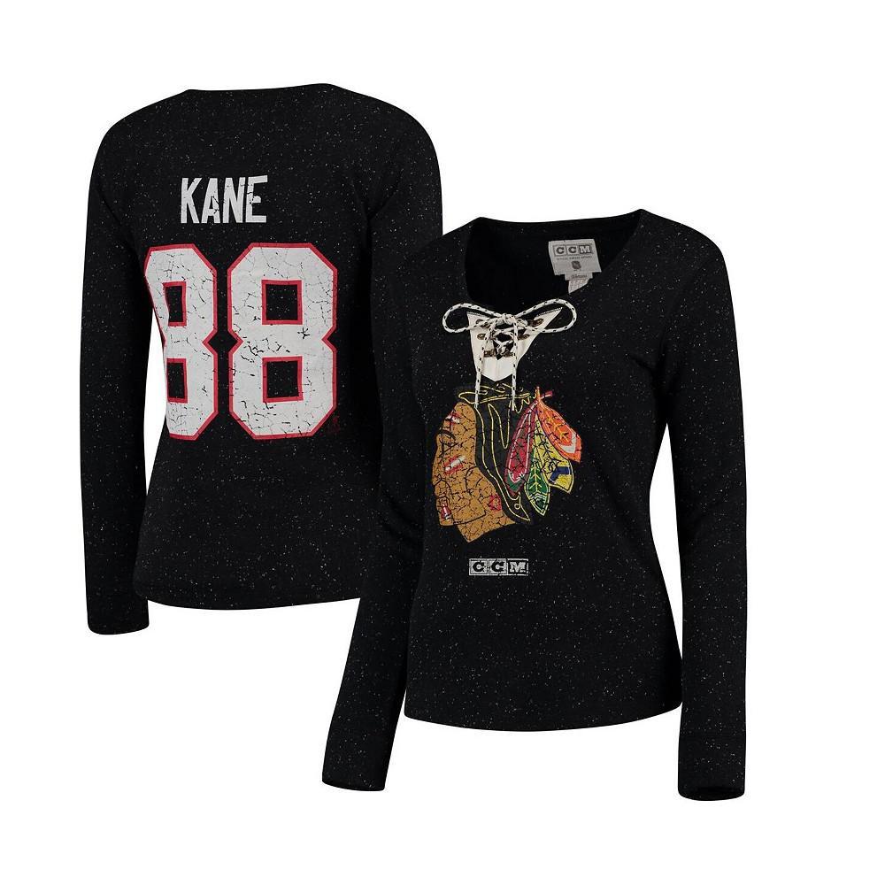 商品Reebok|Women's Patrick Kane Black Chicago Blackhawks Henley Lace Up Name and Number Long Sleeve T-shirt,价格¥431,第1张图片