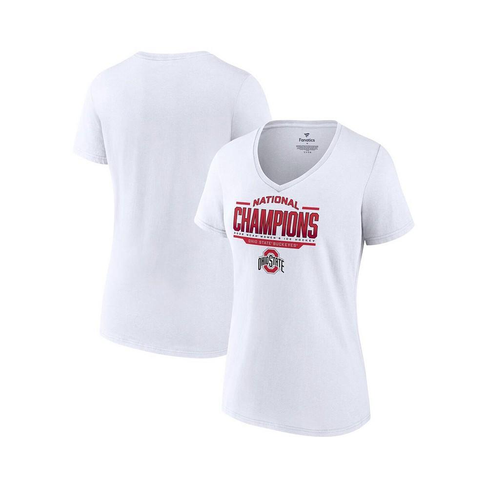 商品Fanatics|Women's Branded White Ohio State Buckeyes 2022 NCAA Women's Ice Hockey National Champions V-Neck T-shirt,价格¥252,第1张图片