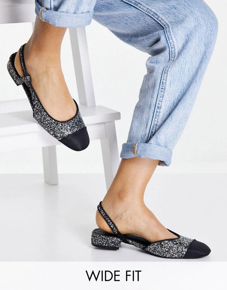 商品ASOS|ASOS DESIGN Wide Fit Lively slingback ballet flats in silver glitter,价格¥114,第1张图片