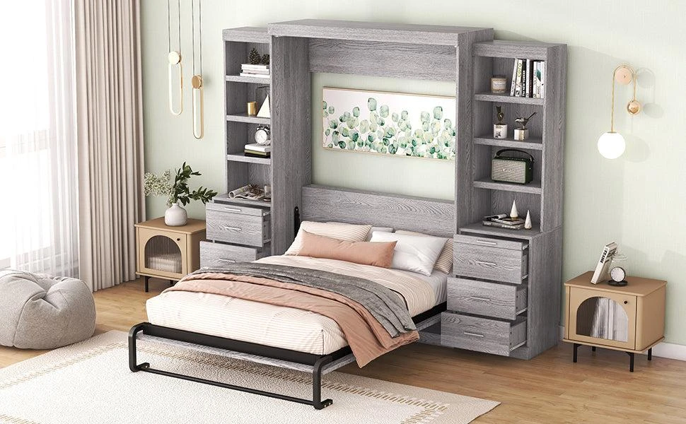 Full Size Murphy Bed with Storage Shelves and Drawers 商品