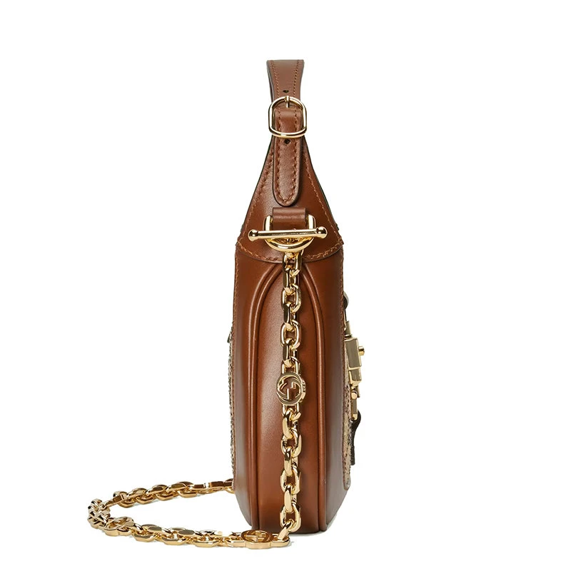 商品Gucci|【预售3-7天】古驰 22新款Jackie 1961系列 女士迷你棕色/乌木饰水晶装饰老花帆布配皮金扣金链单肩斜跨手提包67579921HRG2687,价格¥27361,第5张图片详细描述