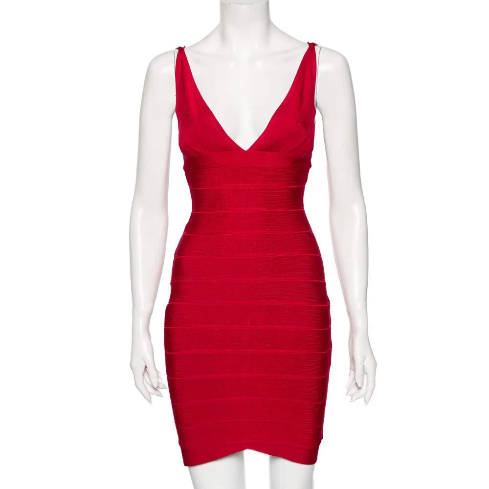 商品[二手商品] Herve Leger|Herve Leger Pink Bandage Plunge Neck Bodycon Dress XS,价格¥1012,第1张图片