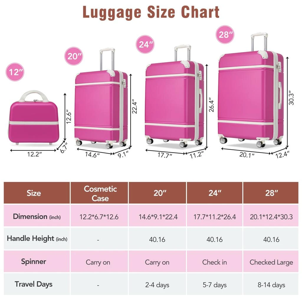 商品Streamdale Furniture|Streamdale Hardshell Luggage Sets 4 Pieces 20" +24" +28" Luggages and Cosmetic Case Spinner Suitcase with TSA Lock Lightweight,价格¥2088,第2张图片详细描述