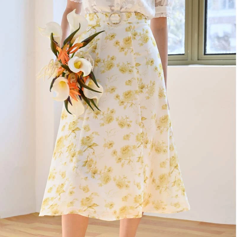 Donna黄色芍药印花侧开叉贝母腰带扣法式复古半裙 | Donna Skirt - Marigold 商品