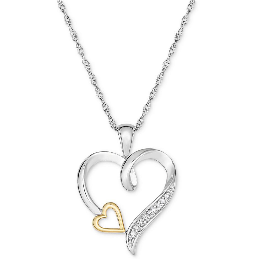 Diamond Accent Two-Tone Heart 18" Pendant Necklace in Sterling Silver & 10k Gold商品第1张图片规格展示