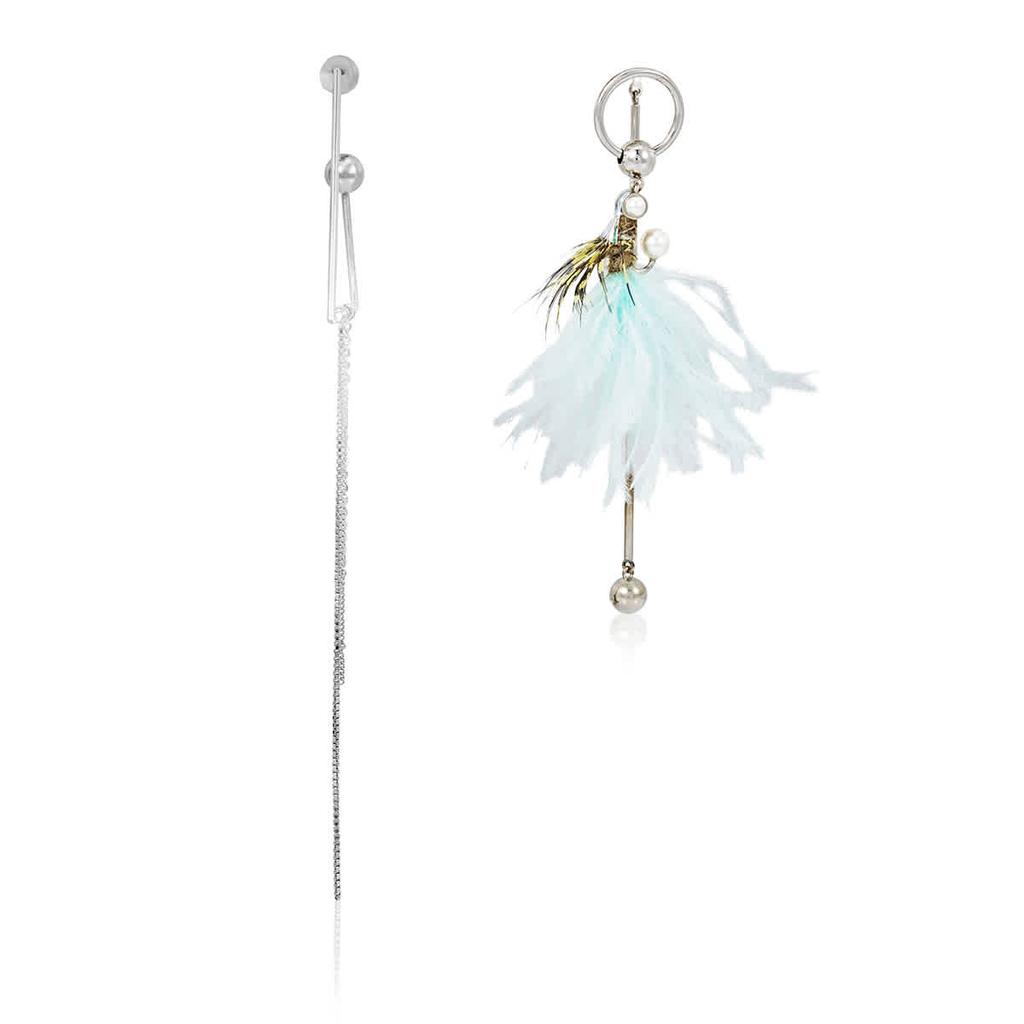 Ladies Asymmetrical Ostrich Feather and Chain Drop Earrings商品第1张图片规格展示