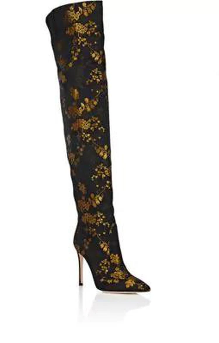 商品Gianvito Rossi|Rennes Kyoto-Floral-Print Jacquard Satin Cuissard Boots,价格¥13361,第2张图片详细描述