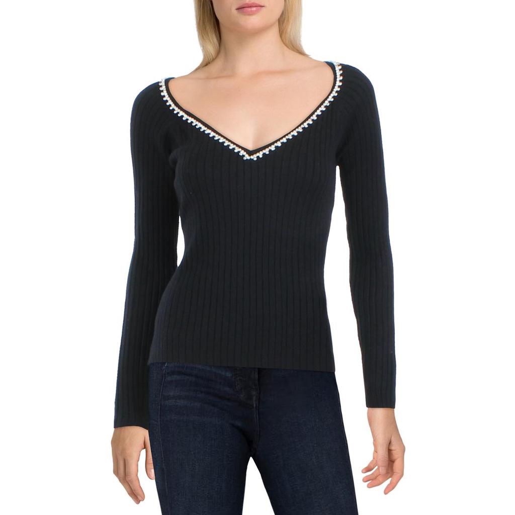 Aqua Womens Embellished Ribbed V-Neck Sweater商品第1张图片规格展示