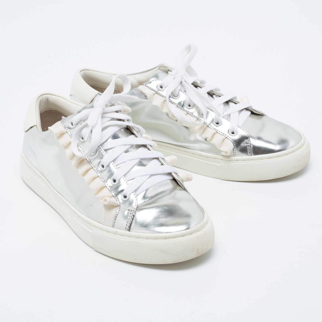 Tory Burch Silver/White Leather Tory Sport Ruffle Low Top Sneakers Size 38.5商品第4张图片规格展示