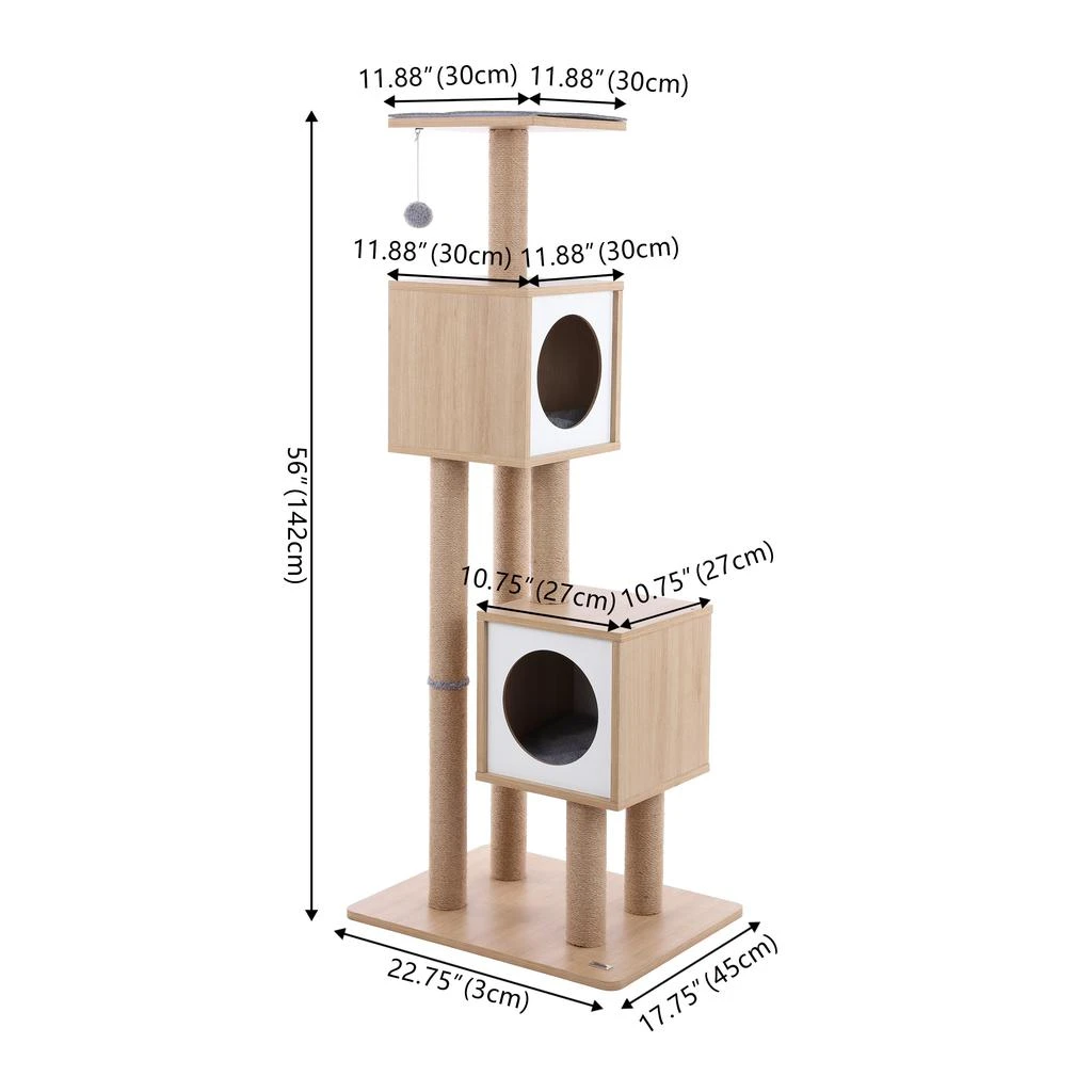 商品THE LICKER STORE|Sawyer 56" 3-Tier Minimalist Jute Cat Tree Condo with Scratching posts, and Fuzzy Toy, Brown/White,价格¥2593,第5张图片详细描述