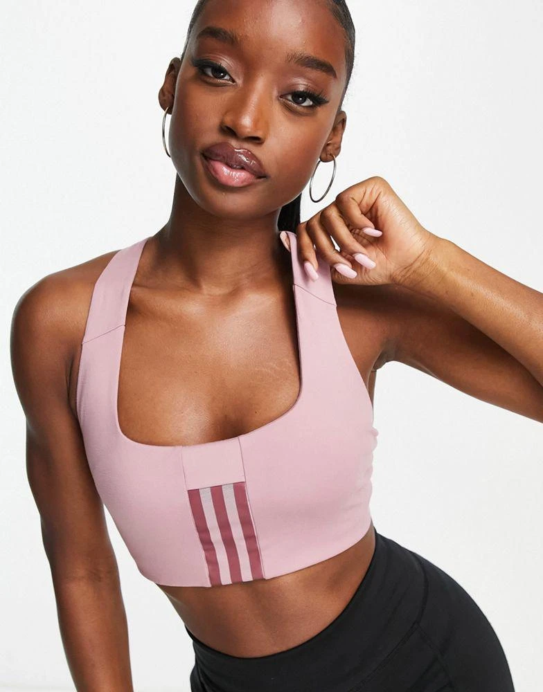 商品Adidas|adidas Training 3 Stripe design mid-support sports bra in dark pink,价格¥165,第1张图片