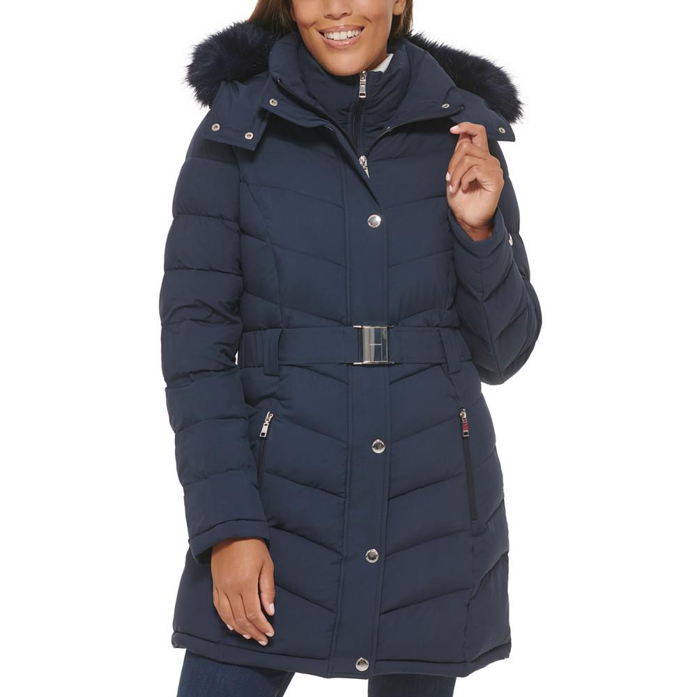 Women's Belted Faux-Fur-Trim Hooded Puffer Coat, Created for Macy's商品第1张图片规格展示