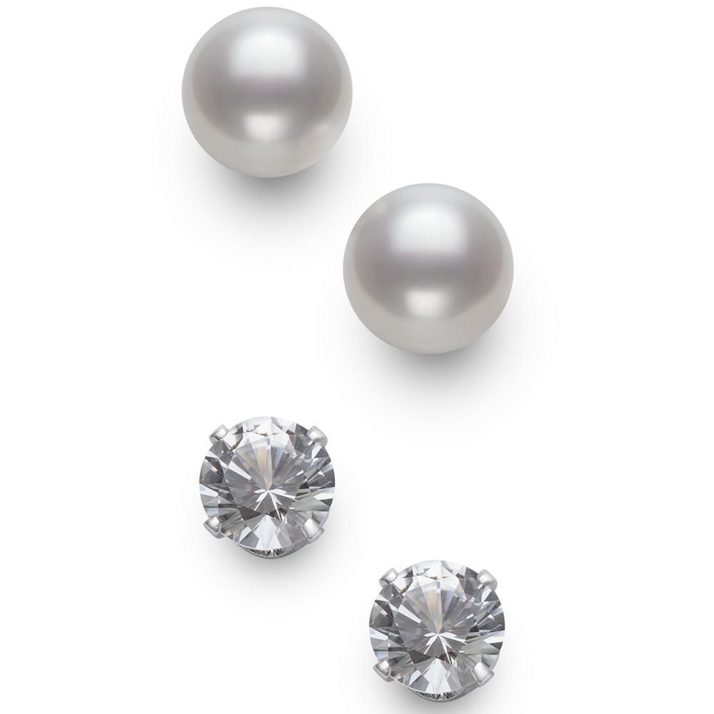 商品Macy's|2-Pc. Set Cultured Freshwater Pearl (7mm) & Lab-Created White Sapphire  (9mm) Stud Earrings in Sterling Silver,价格¥94,第5张图片详细描述
