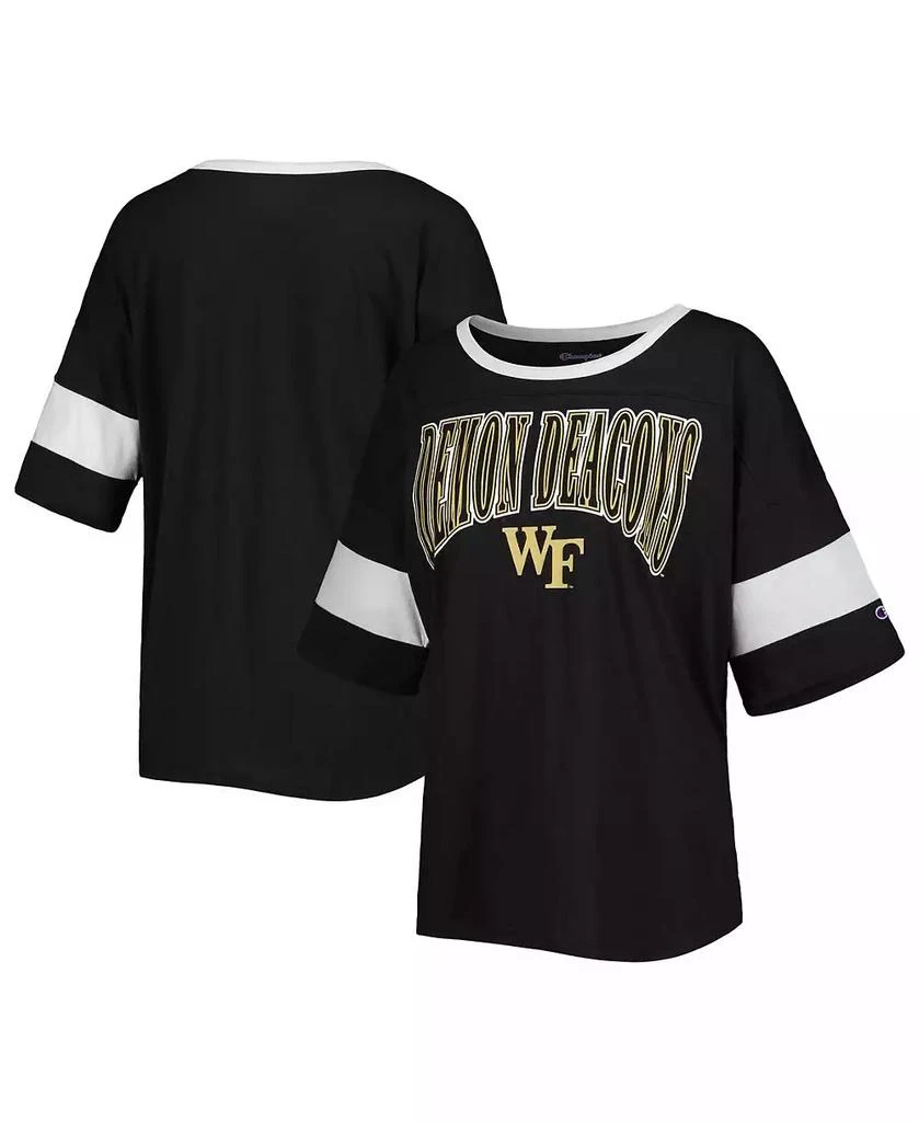 商品CHAMPION|Women's Black Wake Forest Demon Deacons Jumbo Arch Striped Half-Sleeve T-shirt,价格¥240,第1张图片