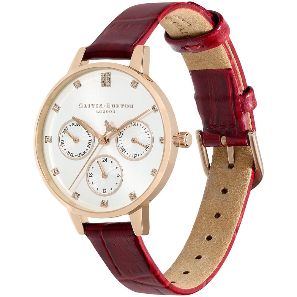 Women's Multifunction Burgundy Leather Strap Watch 34mm商品第2张图片规格展示