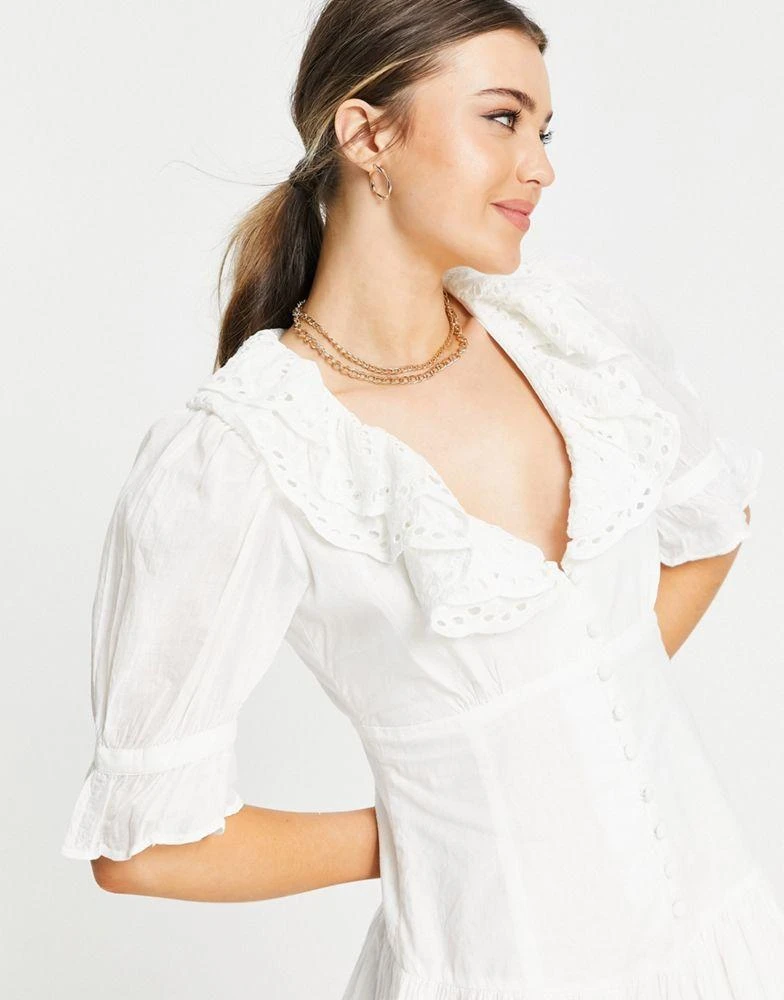 商品ASOS|ASOS DESIGN broderie trim button through mini tea dress in white,价格¥121,第3张图片详细描述
