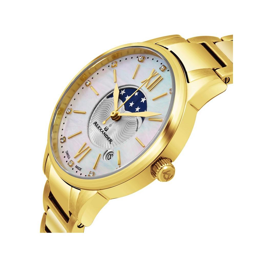 Alexander Watch AD204B-05, Ladies Quartz Moonphase Date Watch with Yellow Gold Tone Stainless Steel Case on Yellow Gold Tone Stainless Steel Bracelet商品第2张图片规格展示