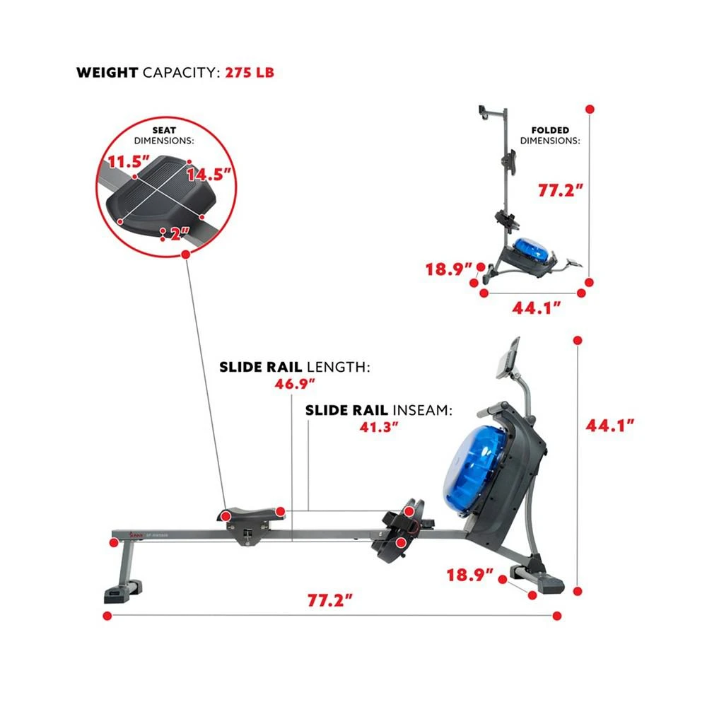 商品Sunny Health & Fitness|Hydro Plus Dual Resistance Magnetic Water Rowing Machine, Sf-Rw5809,价格¥7709,第5张图片详细描述