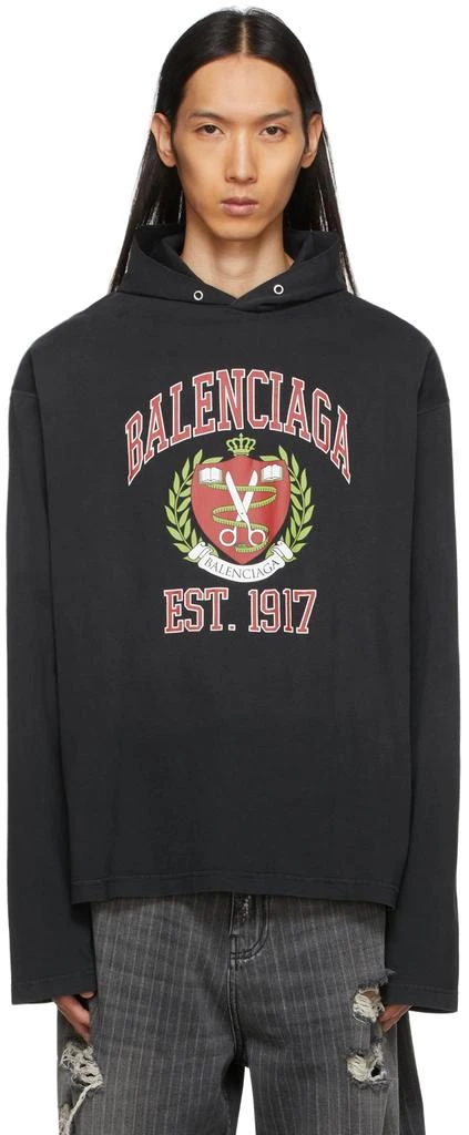 商品Balenciaga|Black College Hooded Long Sleeve T-Shirt,价格¥3532,第1张图片