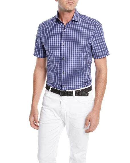 商品Zegna|Men's Mid-Check Short-Sleeve Sport Shirt,价格¥1451,第2张图片详细描述