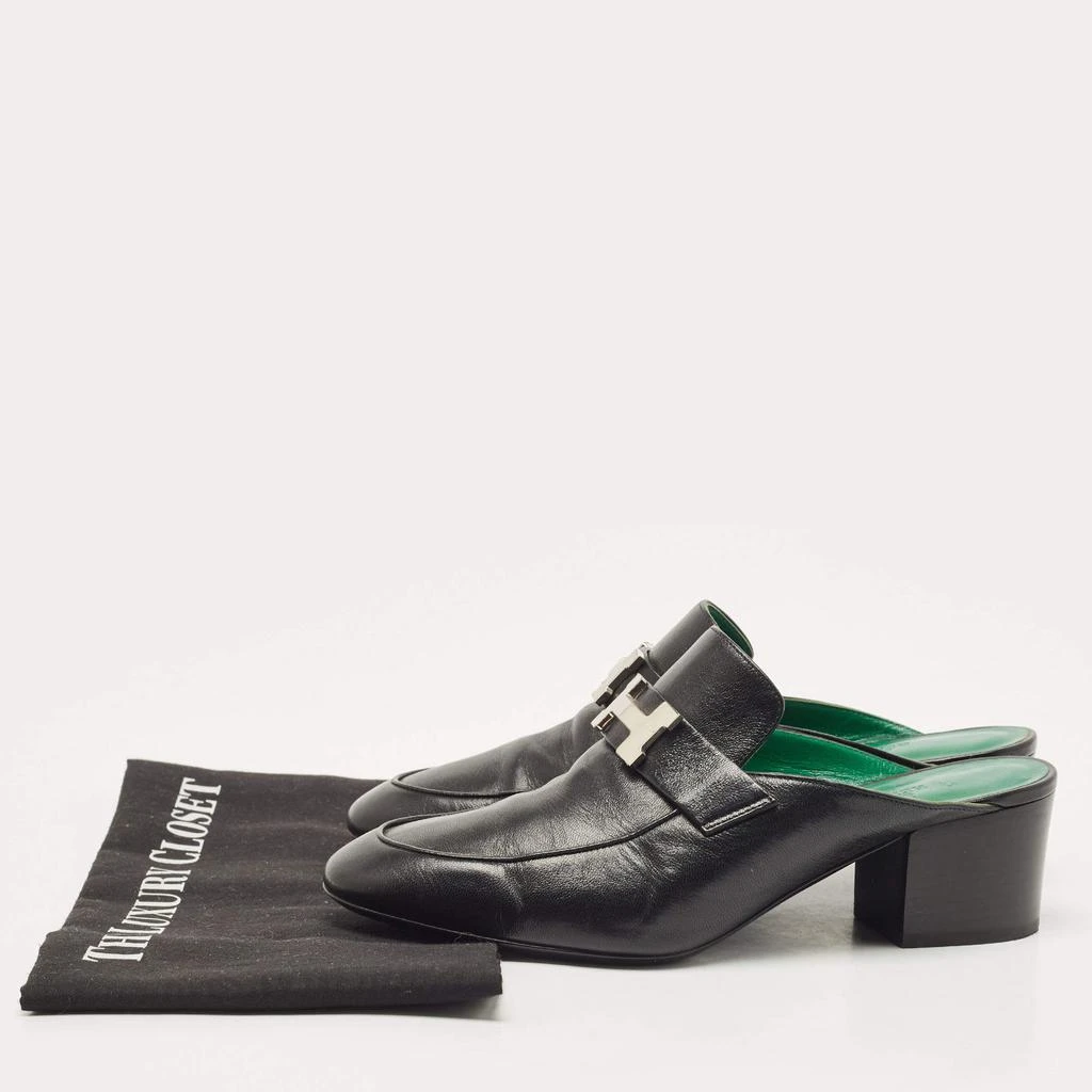 Hermes Black Leather Paradis Block Heel Mule Sandals Size 38.5 商品