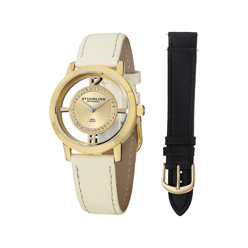 Original Stainless Steel Gold Tone Case on Tan Genuine Leather Interchangable Strap With Additional Black Leather Strap, Gold Tone Dial, With Silver Tone and Cubic Zirconia Crystal Accents商品第1张图片规格展示