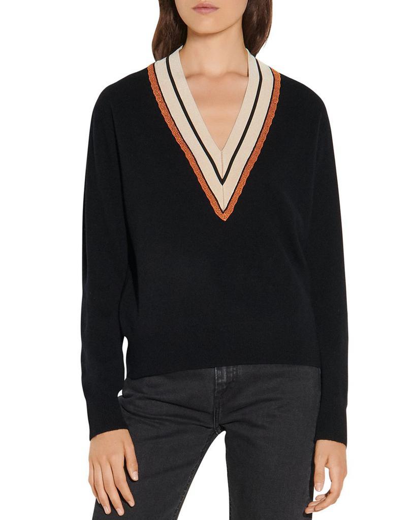 商品Sandro|Colle Striped Neck Wool & Cashmere Sweater,价格¥1318,第1张图片