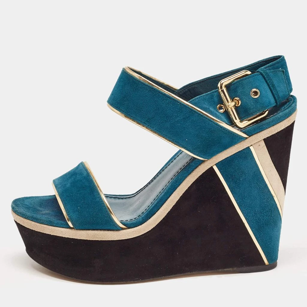 商品[二手商品] Louis Vuitton|Louis Vuitton Gold/Blue Suede Wedge Platform Slingback Sandals Size 40,价格¥2279,第1张图片