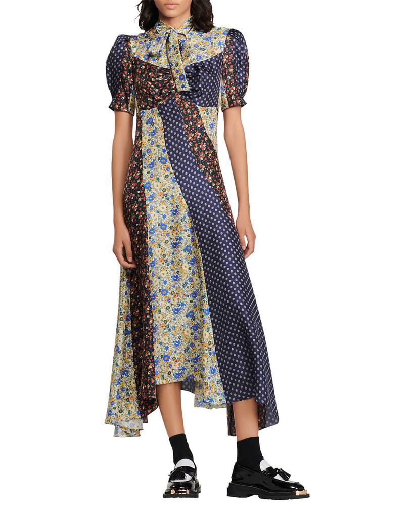 Nilana Mixed Print Tie Neck Dress商品第1张图片规格展示