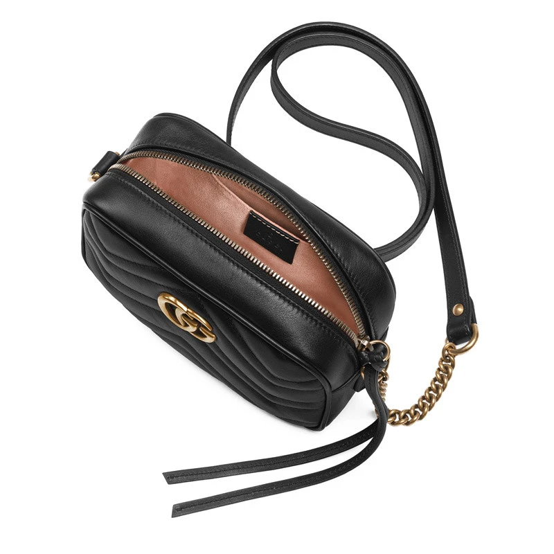 GUCCI/古驰 迷你GG Marmont女士黑色牛皮波浪纹双G链条单肩斜挎相机包 商品